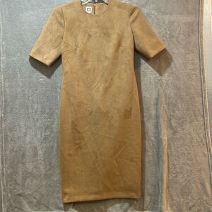 Anne Klein Faux Suede Sheath Shorts Sleeve MIDI Dress Women’s Sz 10 Camel Lined‎